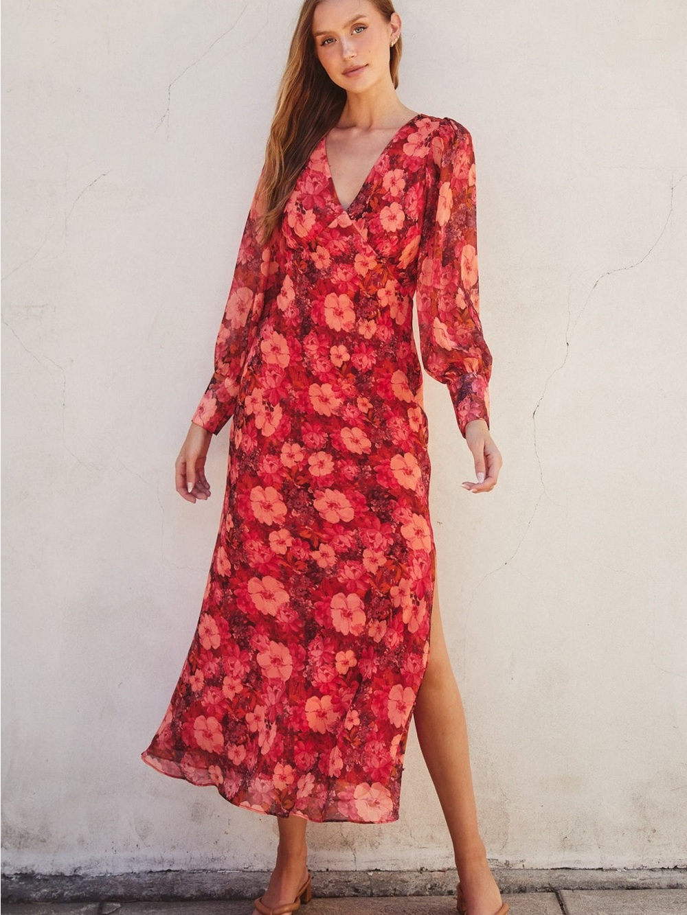 Vici Floral V-Neck Long Sleeve Maxi Dress with side split